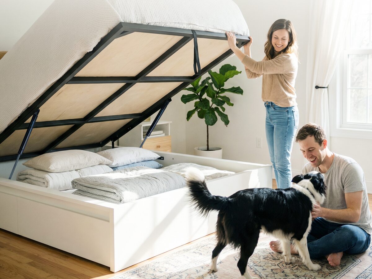A lift-up storage bed held open safely by gas struts in a bright bedroom