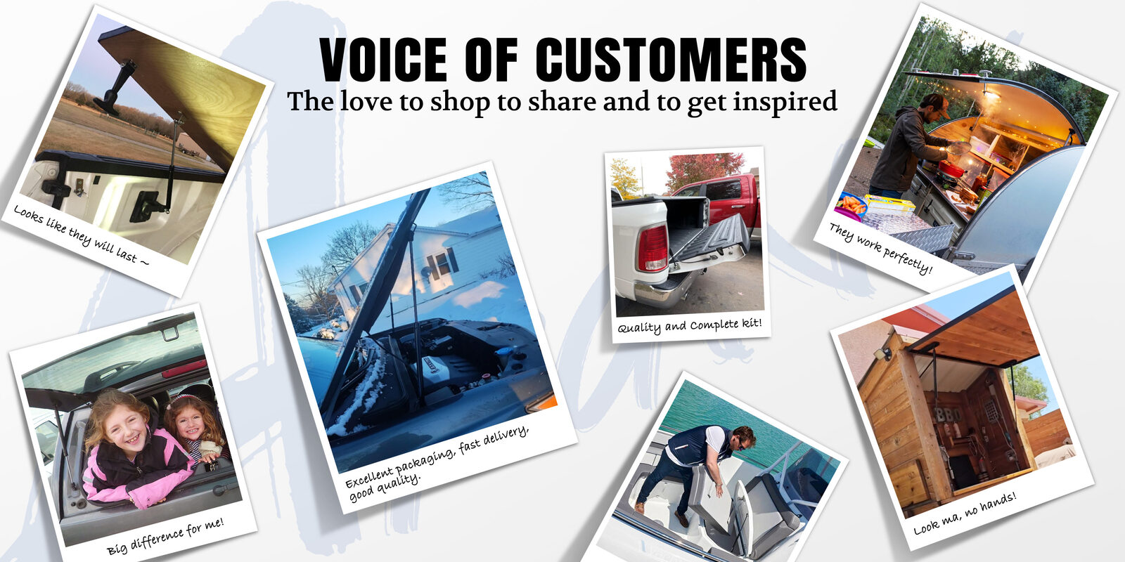 A collage of customer photos showing ARANA gas struts installed on trucks, campers and furniture